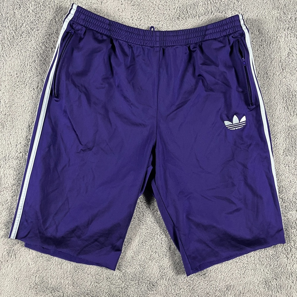 Adidas Originals Running Shorts Mens XL Purple White Stripe Zip Pockets Athletic